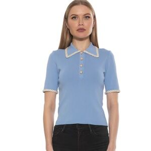 Alexia Admor Brianna Knit Polo Top – Size M – Halogen Blue with Contrast Trim